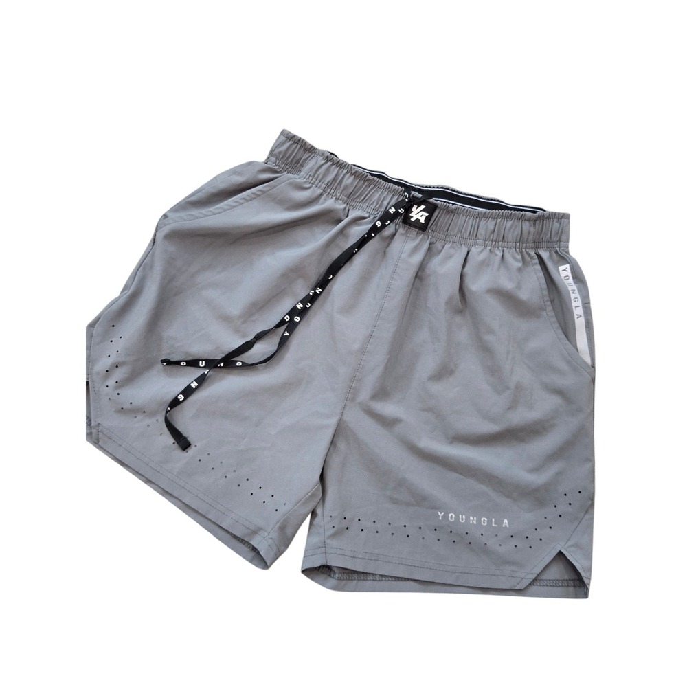 YoungLA Mens Size Medium Grey Athletic Gym Shorts Laser Cut Ventilation 4.5" ins